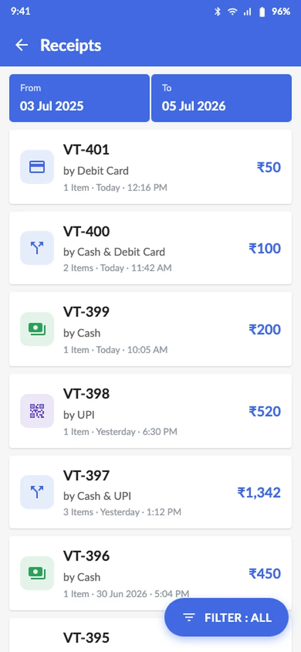Receipts list where split bills show as by Cash and Debit Card