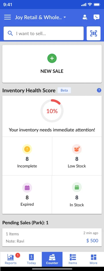 Inventory Health Score card on the home screen